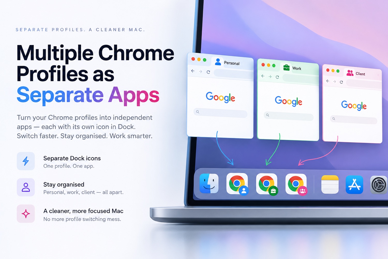 Three Chrome profiles — Personal, Work and Client — each with its own Dock icon