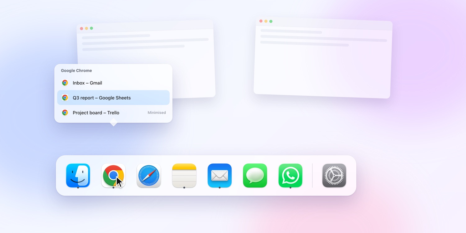 Hovering over Chrome in the Mac Dock lists its open windows by page title
