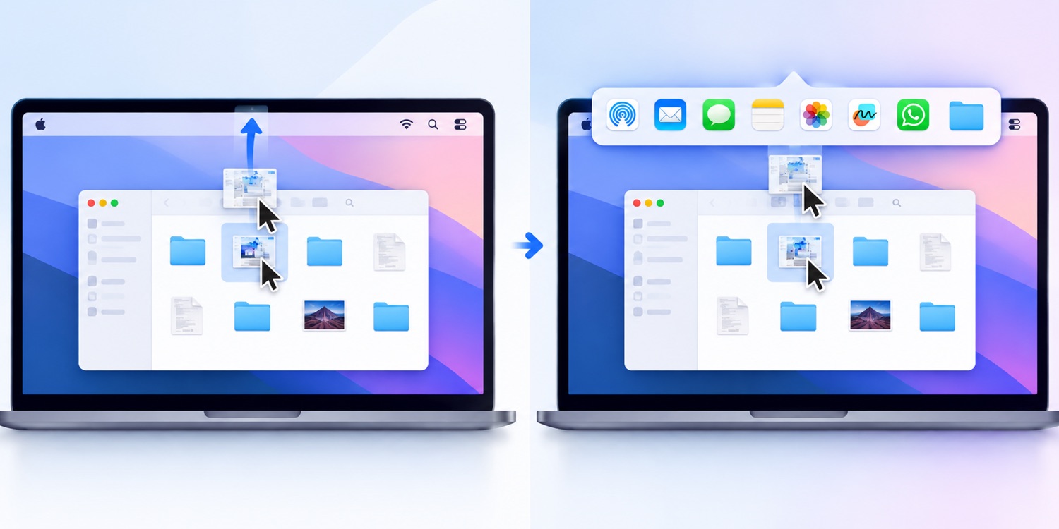 Dragging a file to the top of the screen opens a tray of share destinations