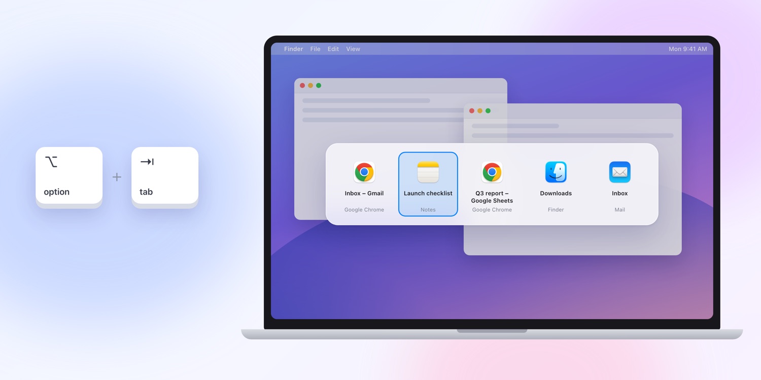 Holding Option and tapping Tab shows every open window on a Mac, like Alt-Tab on Windows